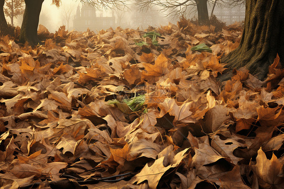 秋季树林中的落叶堆图片