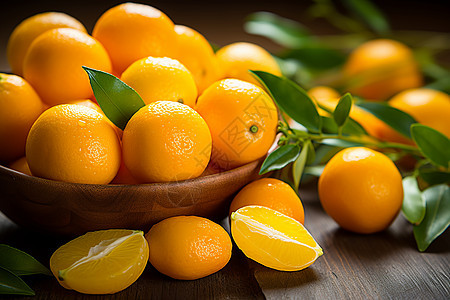 酸甜可口的糖橘在木碗中，自然光下的高清照片背景图片