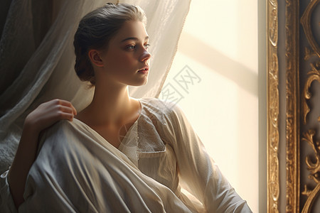 窗纱下的优雅女子图片