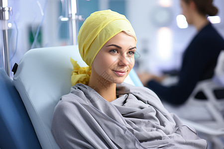 病床上戴头巾的女性患者背景图片