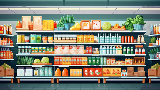 现代超市货架卡通插画图片