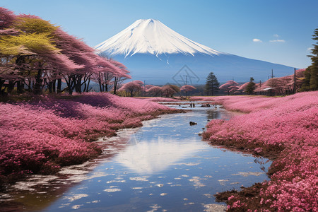 富士山下美丽的樱花园图片