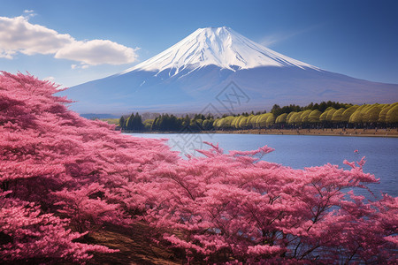 富士山下的樱花园景观图片