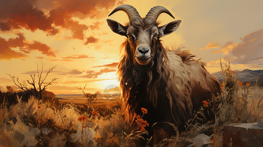 夕阳,草原,山羊,强壮,觅食,油画,插画图片