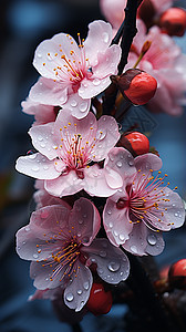 水滴叶子粉色桃花上的水滴背景