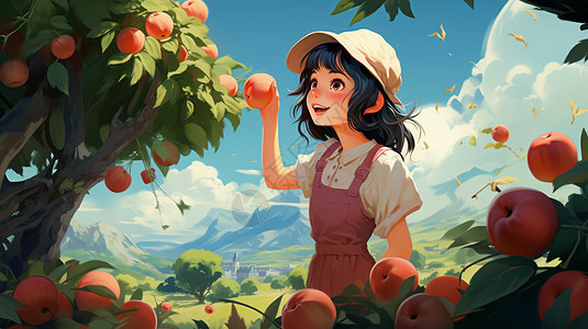 小女孩在苹果园摘苹果图片