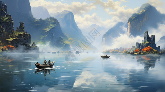 油画的长江图片