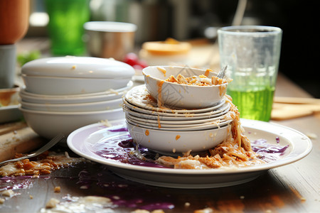 杂乱厨房餐桌上的脏碗背景
