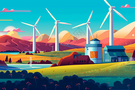 太阳能光伏电站风力发电机平面图插画
