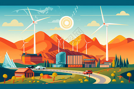 太阳能光伏电站卡通风力发电机插画
