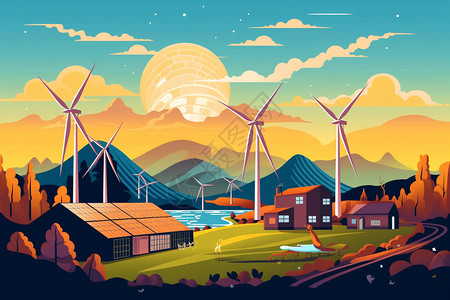 太阳能光伏电站童话中的风车农村插画