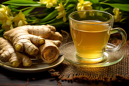 草本饮品花间一杯姜茶背景