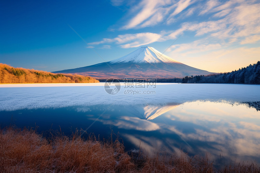 冬日富士山下的湖畔图片