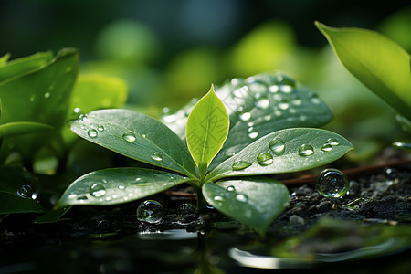 绿色的自然植物和水滴图片
