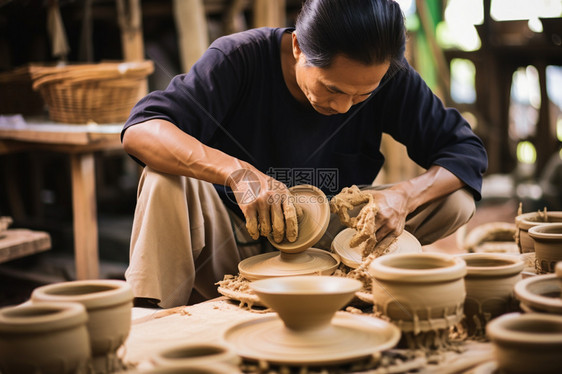 陶艺家在桌子上用黏土做花瓶图片