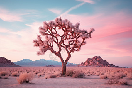 黄昏时沙漠中的树木图片