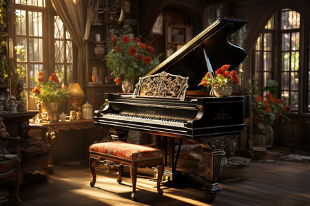 房间内复古的钢琴图片