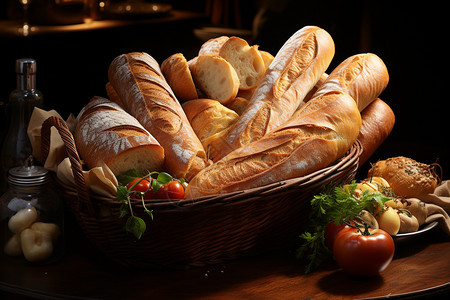 放餐桌上的长棍面包背景图片