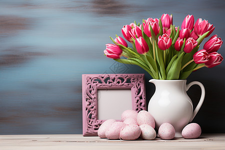 粉色的彩蛋鲜花与画框图片