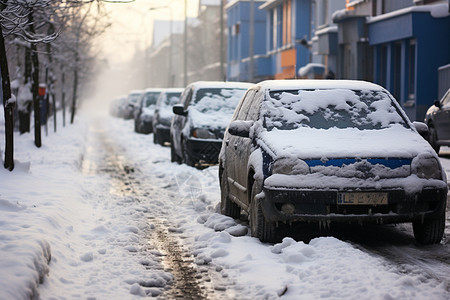 下完雪的街头积雪的汽车高清图片