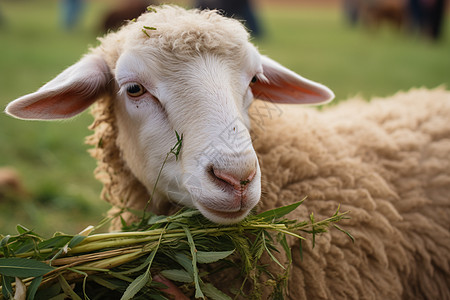 可爱花草小羊羔吃草背景