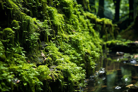 青绿树林中的小溪图片