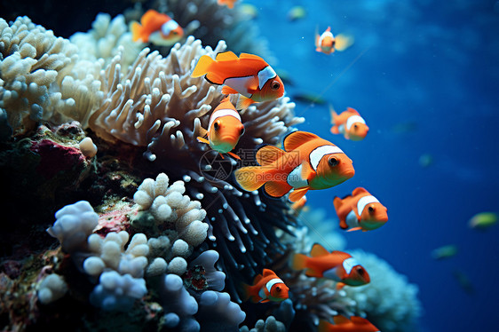 热带鱼群在珊瑚礁周围畅游图片
