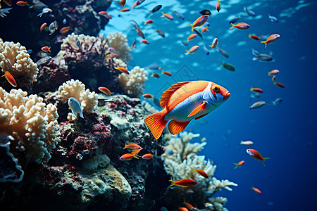 鱼群在珊瑚礁周围的海洋中图片