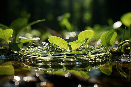 自然清新的水滴和绿叶图片