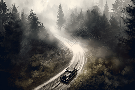 老式汽车驶过森林插图图片