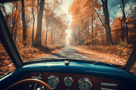 汽车在秋天的树下行驶图片