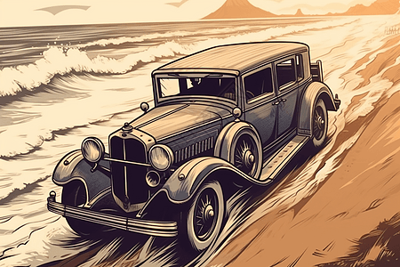 老式吉普车老式汽车在沙滩上行驶插画