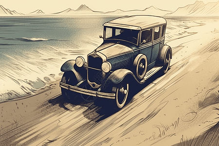 海滩上行驶的老式汽车图片