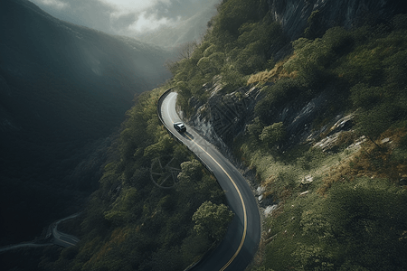 轿车: 高角度显示它在弯曲的山路上行驶，没有徽标。惊心动魄，冒险精神，令人叹为观止。图片