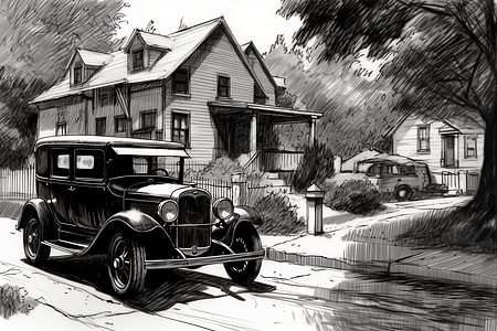 停在房屋前的古董汽车图片