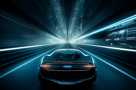 未来派隧道中行驶的轿车图片