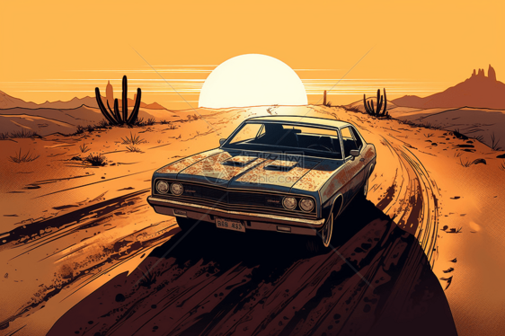 沙漠平原傍晚的汽车图片