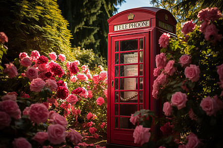 玫瑰花园中的老式电话亭图片