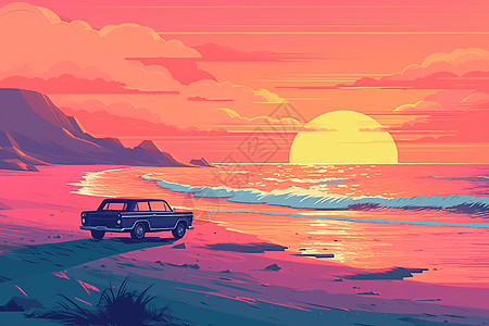 汽车在日落的海滩上图片