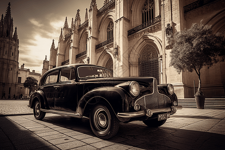 古董车停在一座大教堂前图片