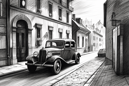 汽车素描老式汽车的素描插画