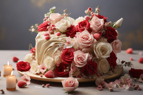 鲜花装饰的浪漫奶油蛋糕图片