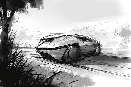 汽车素描沿海道路上的汽车草图插画