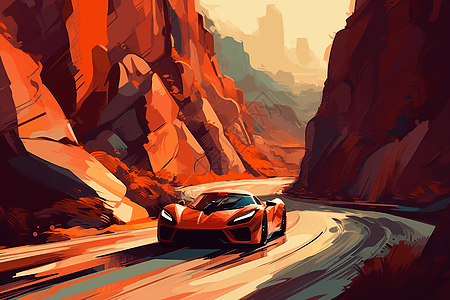 峡谷路上的红色汽车图片