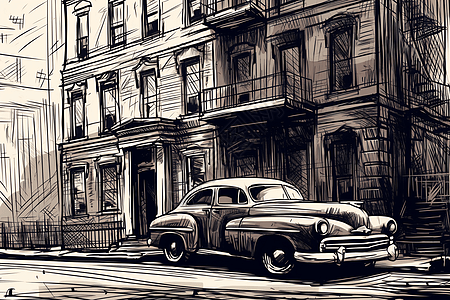 汽车素描老式建筑前的汽车插画