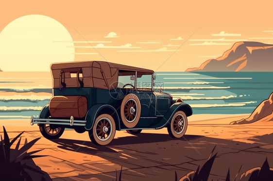 海滩边的老式汽车插图图片