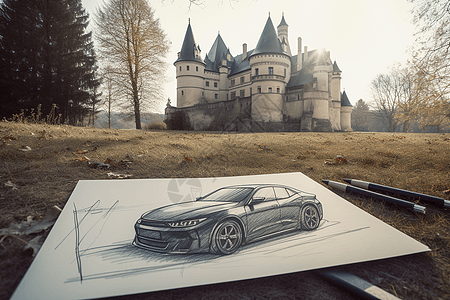 城堡前的汽车草图图片