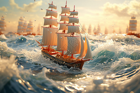 创意立体海中航行的帆船图片