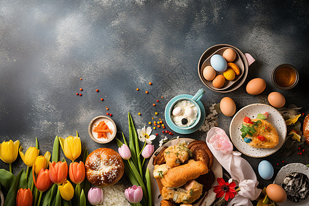 郁金香花束旁的面包和彩蛋图片