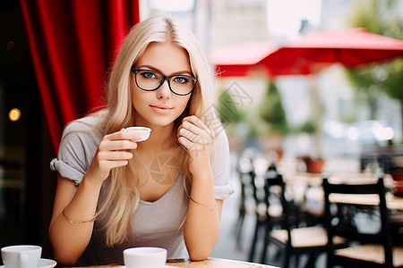 咖啡店品尝咖啡的美丽女士图片